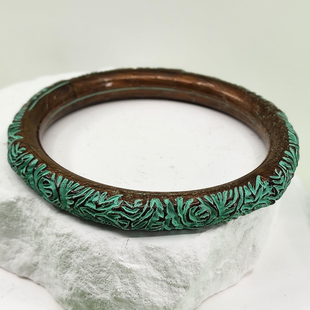 Turquoise Tone Floral Brown Bangle Bracelet Raised Rose Leaf Vintage Statement